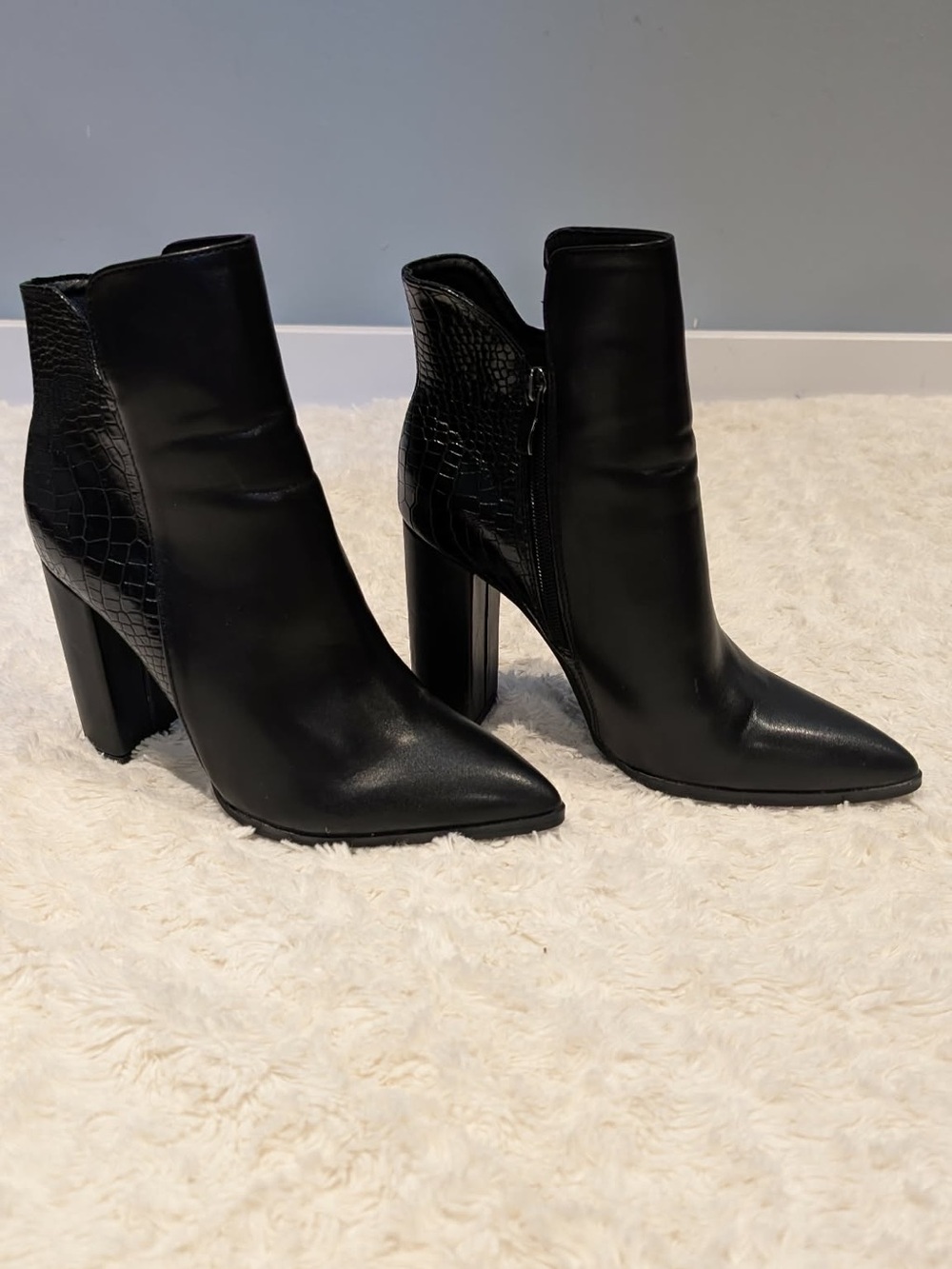 Black Pointed Toe Block Heel Ankle Boots - Women's